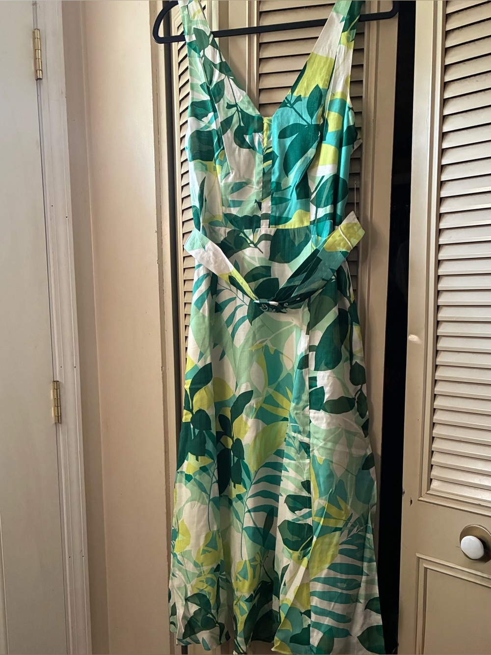 NWT Maggy London tropical Leaf-Print belted lined green/white midi Dress size 8